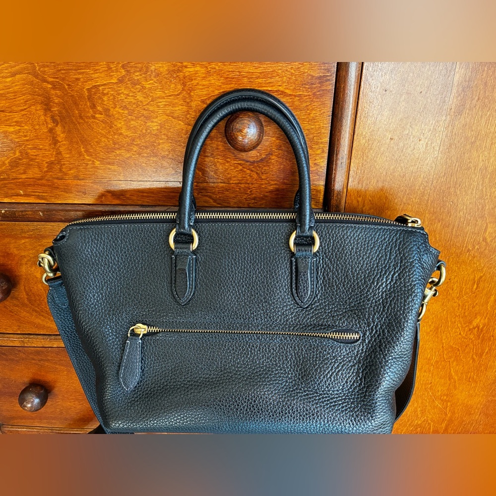 Black Leather Coach Handbag Satchel with Gold Accents